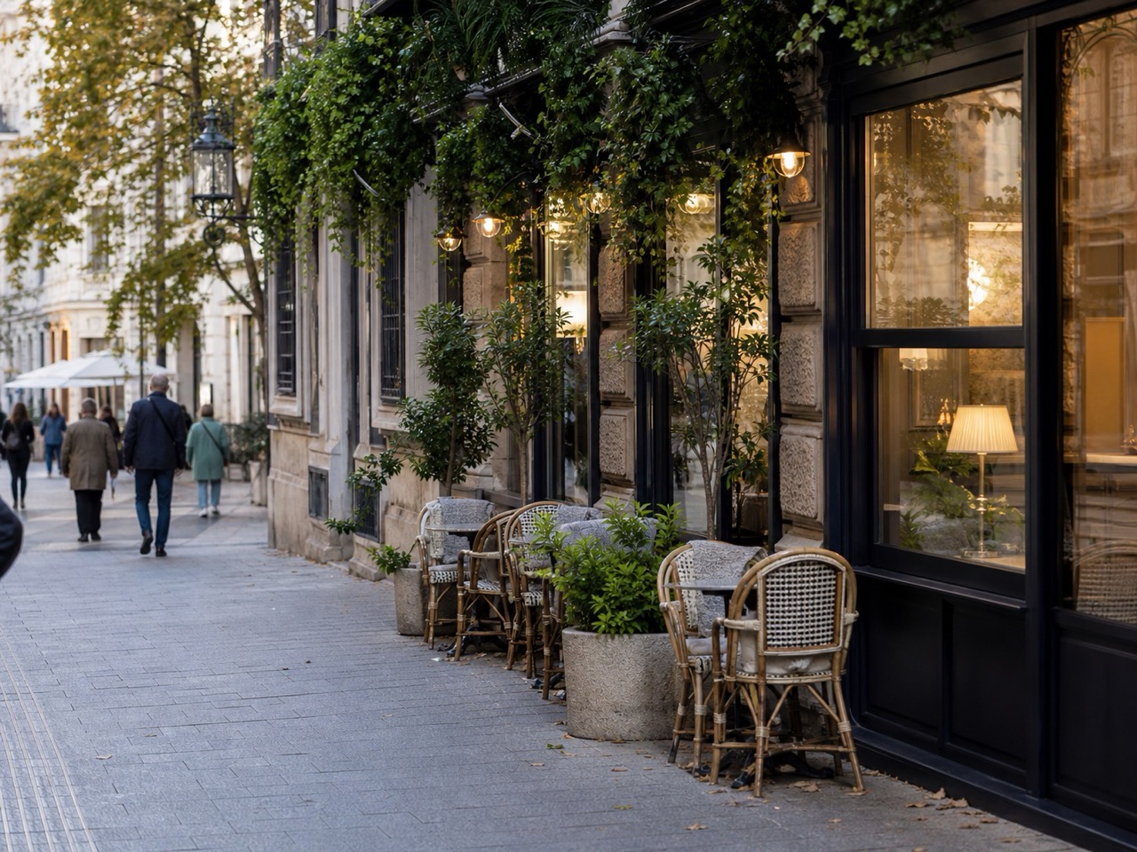 Terrasses et vitrines dans une rue piétonne de Budapest