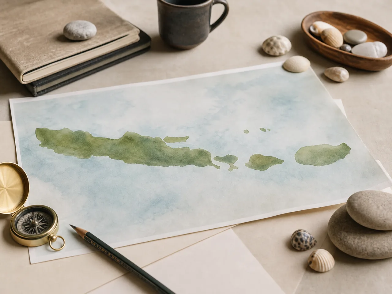 Carte de voyage stylisée situant Bali entre Java et Lombok