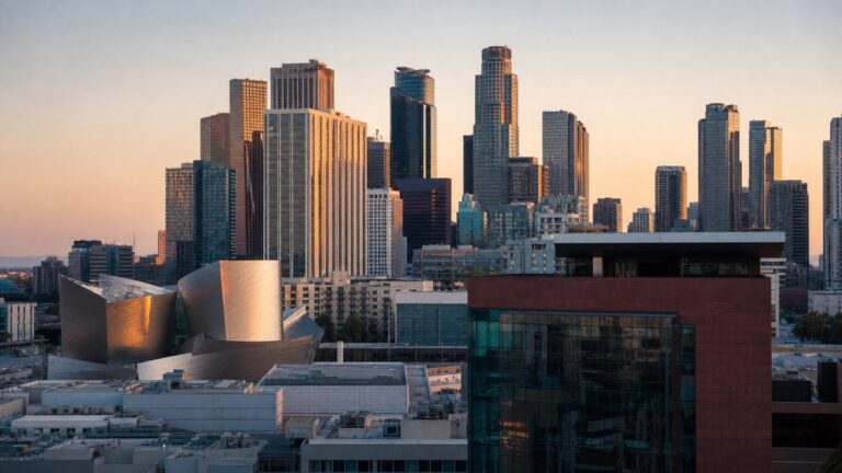 Vue urbaine de Downtown Los Angeles au coucher du soleil