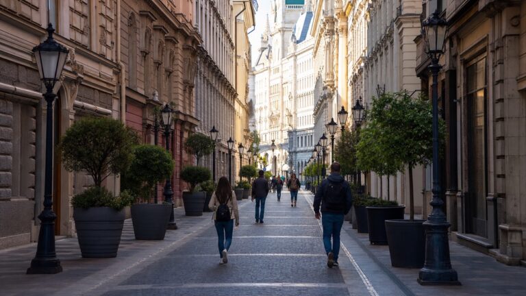 Rue piétonne Váci à Budapest avec façades historiques