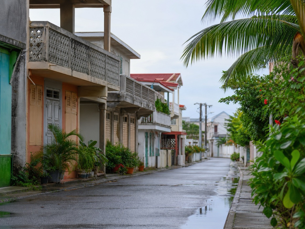 Rue tropicale calme illustrant le contexte sismique en Martinique